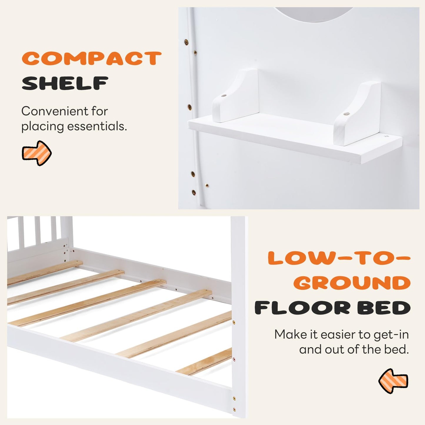 DUMOS Wood Twin Over Twin House Bunk Bed, Loft Bed with Ladder, Safety Guardrail, Wooden Slats & Window, Kids Twin Bed Frame for Teens Juniors, Freely Decorative House Roof