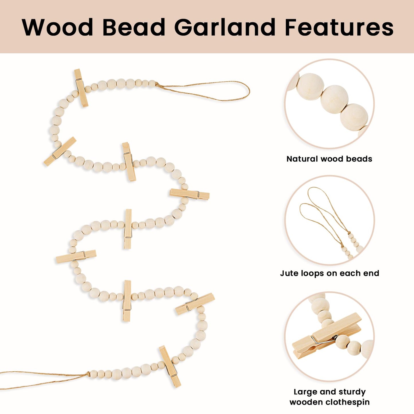 KLOGTSIND Hanging Photo Display Wall Decor, 2PCS Boho Wooden Bead Garland Collage Picture Frame with 9 Wood Clips for Bedroom, Living Room, Office, Dorm Decor, Photos Holder Teen Girl Gifts