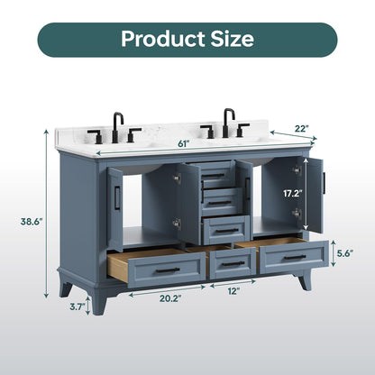 DELUXE LIVING 60 Inch Bathroom Vanity Double Sink, Fully Assembled Solid Wood Frame Double Sink Bathroom Vanity with Soft Closing Doors & Full Extension Dovetail Drawers, Quartz Top, Steel Blue
