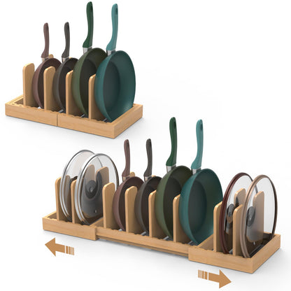 FoverOne Expandable Pot Lid Organizer, Bamboo Pot and Pan Organizer for Under Cabinet, 16" to 28" Adjustable Length and 8pcs Dividers