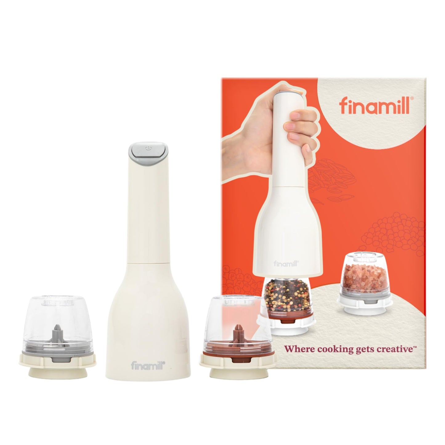 FinaMill Classic Battery Spice Mill – Battery Operated Salt and Pepper Grinder Set, Includes 2 Interchangeable Spice Pods, Adjustable Coarseness, Ceramic Grinder, LED Light, Home and Kitchen Gift Set