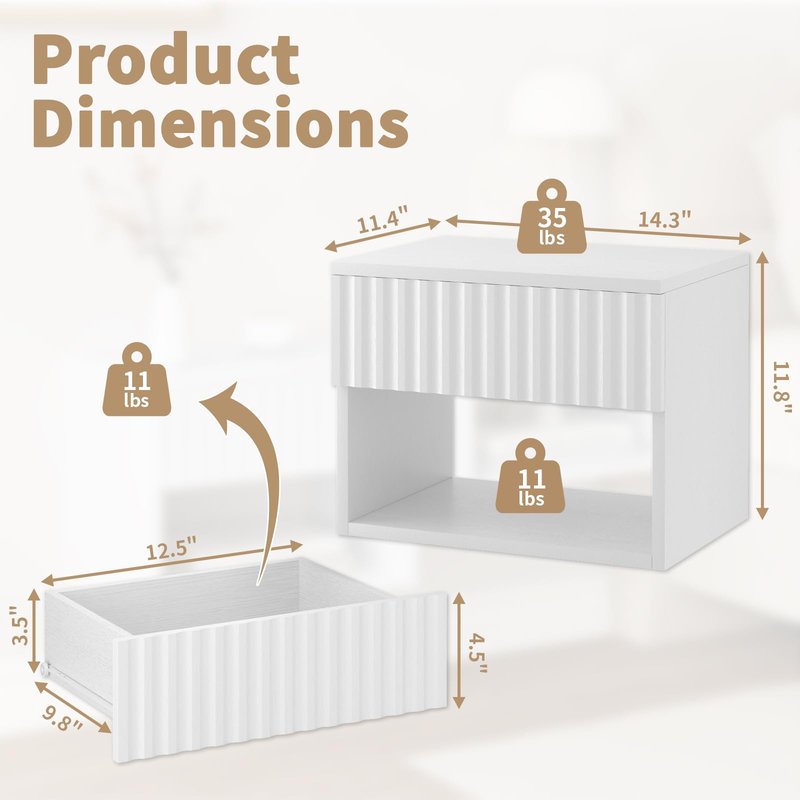AURINEST Floating Nightstand Set of 2, Modern Wall Mounted Bedside Tables with Fluted Drawer, Night Stand Small End Table with Open Storage Shelf for Bedroom, Living Room, Small Spaces, White