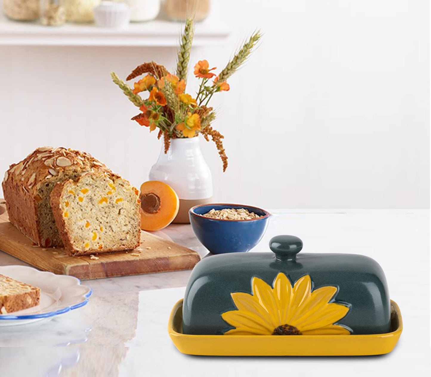 Butter Dish With Lid For Countertop Ceramic Butter Keeper Sunflower Butter Container Butter Holder Tray Large Covered Farmhouse
