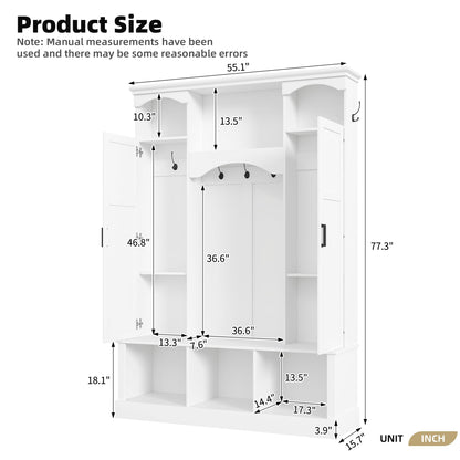 Merax Hall Tree with Bench and Shoe Storage 77.3" Tall with Adjustable Shelves, Modern All-in-One Entryway Bench with 2 Side Cabinets & 7 Hooks, Elegant Arched Design, 55.1"L x 15.7"W (White)