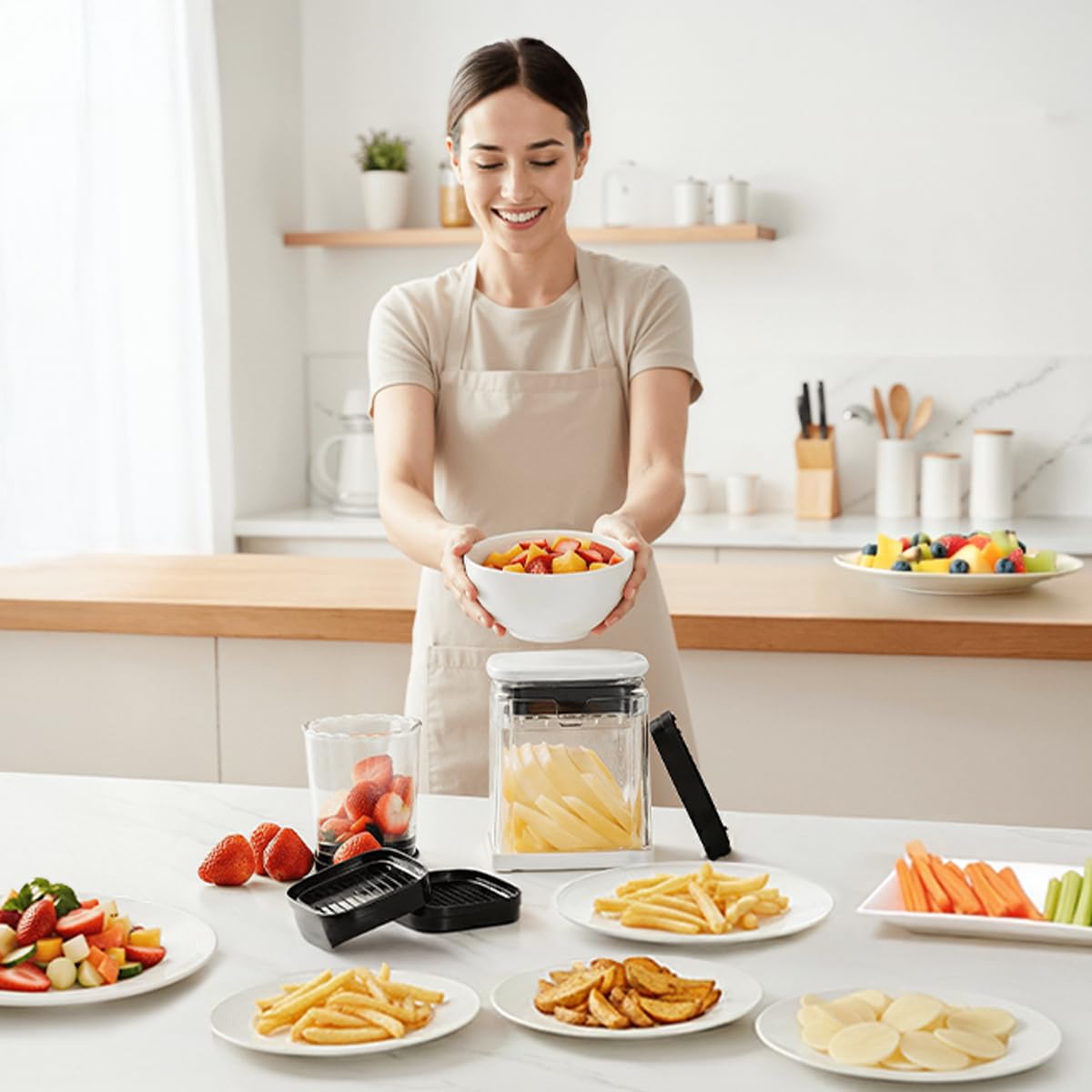 All-in-One French Fry Cutter for Potatoes and Strawberry Slicer – 4 Blade Fruit & Vegetable Slicer, Premium Chopper with Wedge, Garnish, and Strawberry Cutter Cup