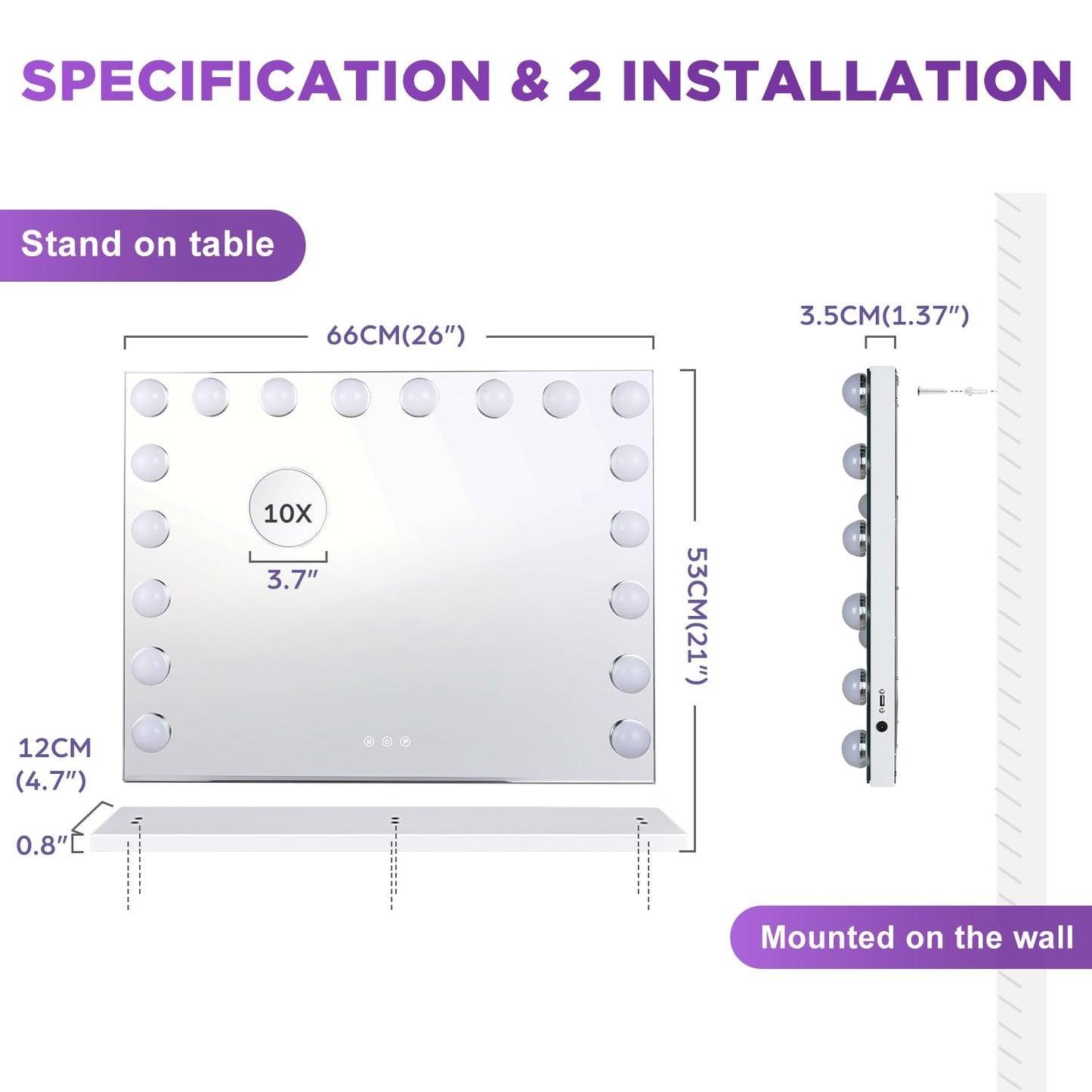 M MIVONDA Hollywood Vanity Mirror with Dimmable 15LED Bulbs Lights 3 Lighting Modes 2in1 Large Lighted Makeup Mirror for Desk and Wall with Plug-in and USB Charger Port