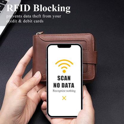 SCHLATUM Genuine Leather Zipper Wallet for Men RFID Blocking Large Capacity Vintage Wallet with Coin Pocket ID Window, Coffee