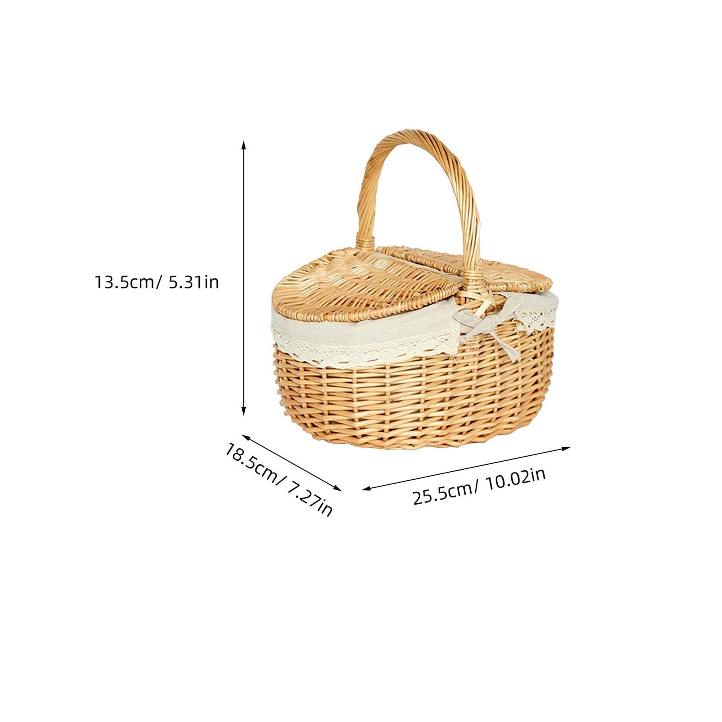 Mipcase Wicker Picnic Basket with Lid and Handle: Vintage Woven Storage Basket with Washable Lining for Flowers Vegetables Fruits, 10.02X7.27X5.31in