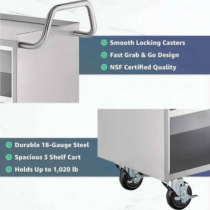 21" x 33" Commercial NSF Stainless Steel Utility Cart - 3 Shelf Enclosed Base with Locking Doors, Heavy-Duty Service Cart on Wheels for Kitchens and Catering