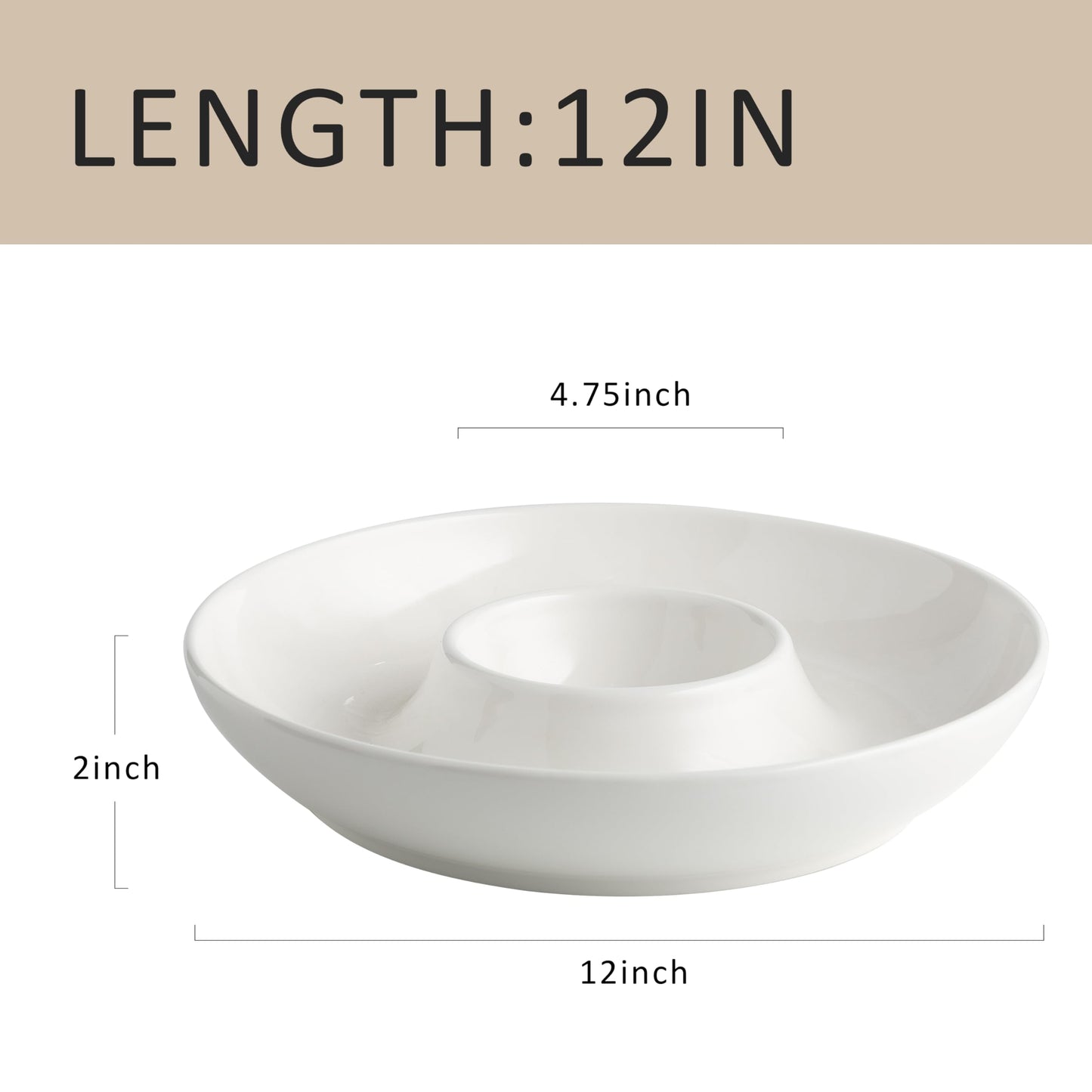 LEHAHA Ceramic Chip and Dip Serving Set, 12 Inch Large porcelain Divided Bowls Set for Salsa, Veggies, Dip, Appetizers, Snacks, Candy, Fruits-Relish Trays for Parties and Entertaining, White