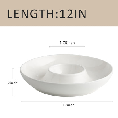 LEHAHA Ceramic Chip and Dip Serving Set, 12 Inch Large porcelain Divided Bowls Set for Salsa, Veggies, Dip, Appetizers, Snacks, Candy, Fruits-Relish Trays for Parties and Entertaining, White