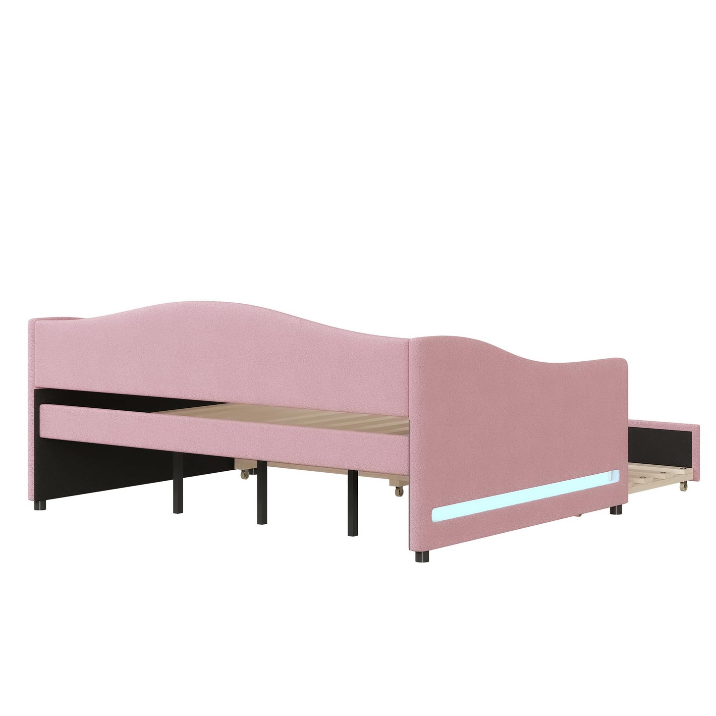 Full Size Upholstered Daybed with Trundle,Teddy Fleece Full Daybed Frame,Full Day Bed with LED Light,Tufted Sofa Bed Daybed for Bedroom,Living Room,Guest,Pink