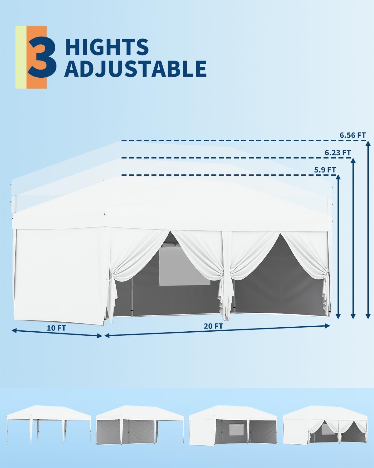 GarveeHome 10x20Ft Pop Up Canopy Tent, One Push Setup Beach Tent, Outdoor Canopy with 6 Sidewalls & Sandbags, Adjustable Height, Waterproof, Sun Shelter for Events, Camping, Backyard (White)