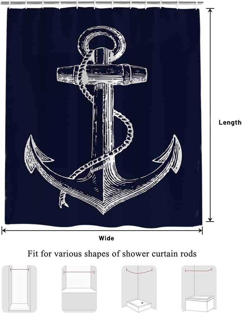 Custom Nautical Navy Blue Anchor Shower Curtain, 70x72 Inch