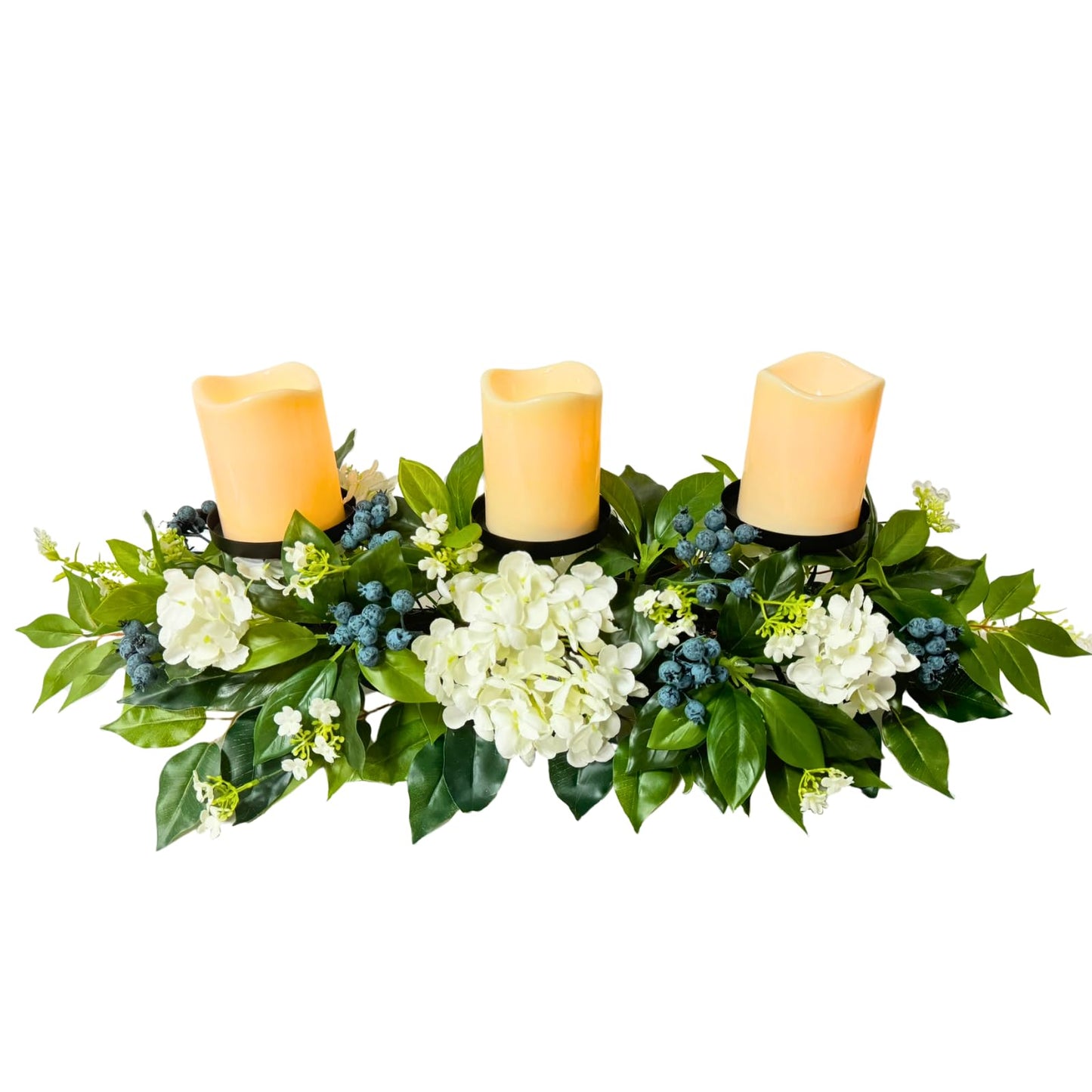 Svndlyn All Season Candle Holder Centerpiece for Table with Artificial Blueberry,White Hydrangea and Eucalyptus Leaf for Table Centerpiece Decor,Dining Room,Party Home Decor