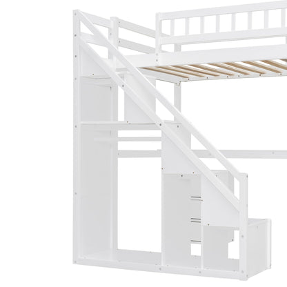 Bellemave Twin Loft Bed with Stairs and Shelves, Wood Loft Bed with Two Chest of Drawers, Wardrobe, LED for Kids, Teens, Adults, White