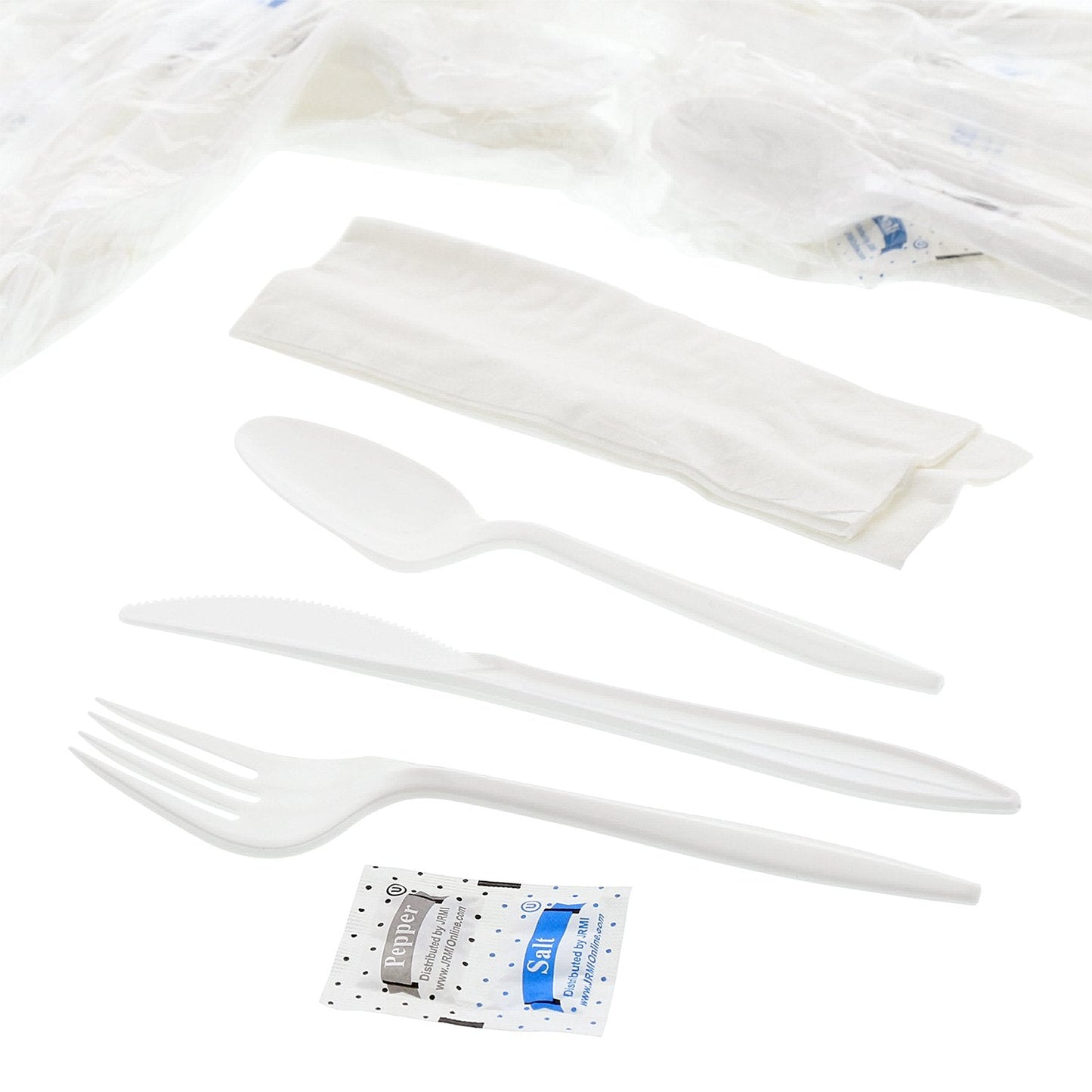 AmerCareRoyal 6-in-1 Disposable Silverware Medium Weight Plastic Utensil Set with Teaspoon, Fork, Knife, Salt & Pepper Packets, 12x13 Napkin - Individually Wrapped Cutlery Meal Kit, White, Case of 250