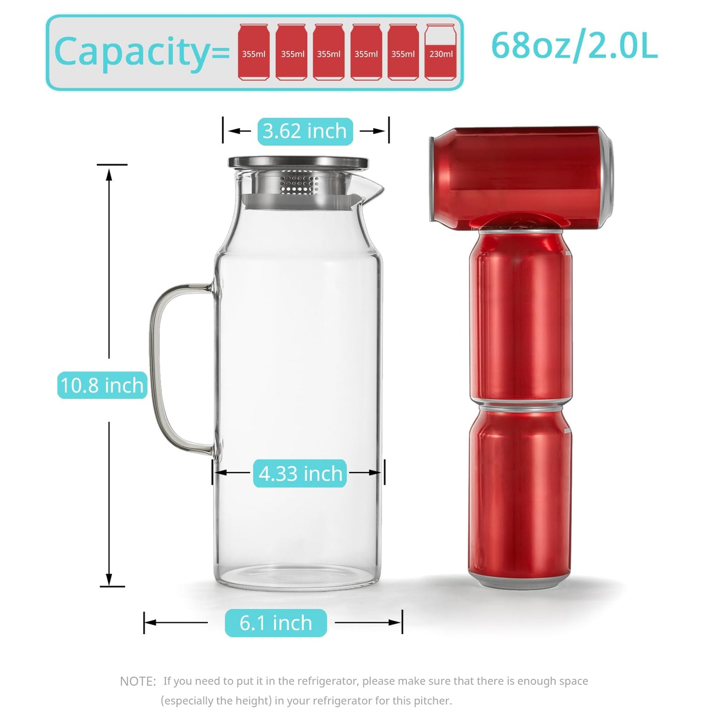 Bivvclaz 2 Liter 68 oz Glass Pitcher with Lid and Handle, Glass Carafe for Hot/Cold Water, Large Iced Tea Pitcher for Coffee, Juice and Homemade Beverage