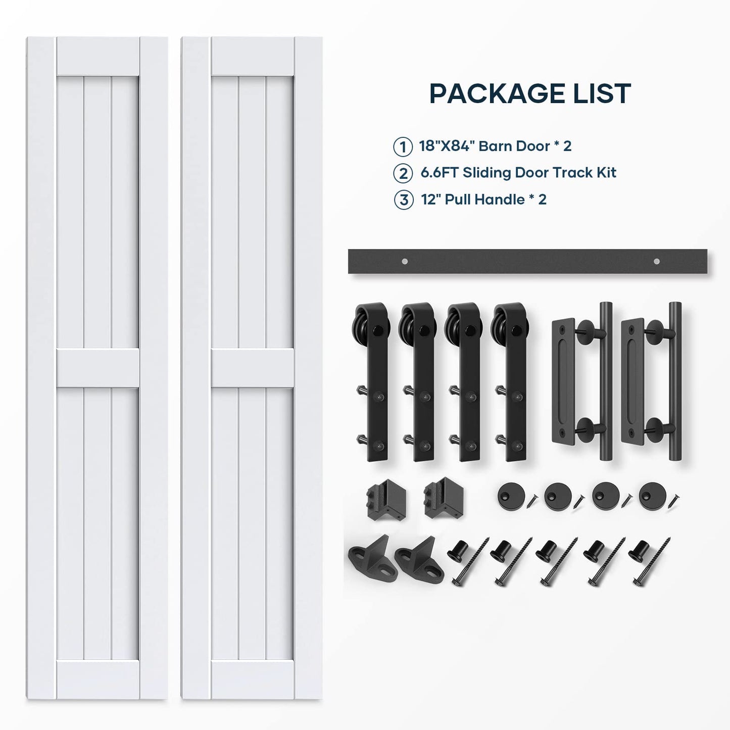 EaseLife 36 x 84 inch (Double 18x84 Door) White Barn Door with 6.6FT Sliding Door Hardware Kit Included & Handle,Solid Wood,Waterproof,DIY Assemblely,Easy Install,H-Frame,Fit 32-34in Wide Opening