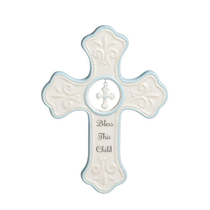 DEMDACO Bless This Child Wall Cross - Blessing Cross for Baby - Faith Nursery Decor - Gift for Newborn - Religious Christian Wall Hanging - Porcelain - Gift Box Packaging - Blue