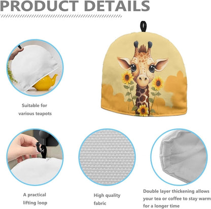 Giraffe Sunflower Print Tea Cozy, Insulated Teapot Cover for Ladies Gift, Decorative Accessory (Yellow)
