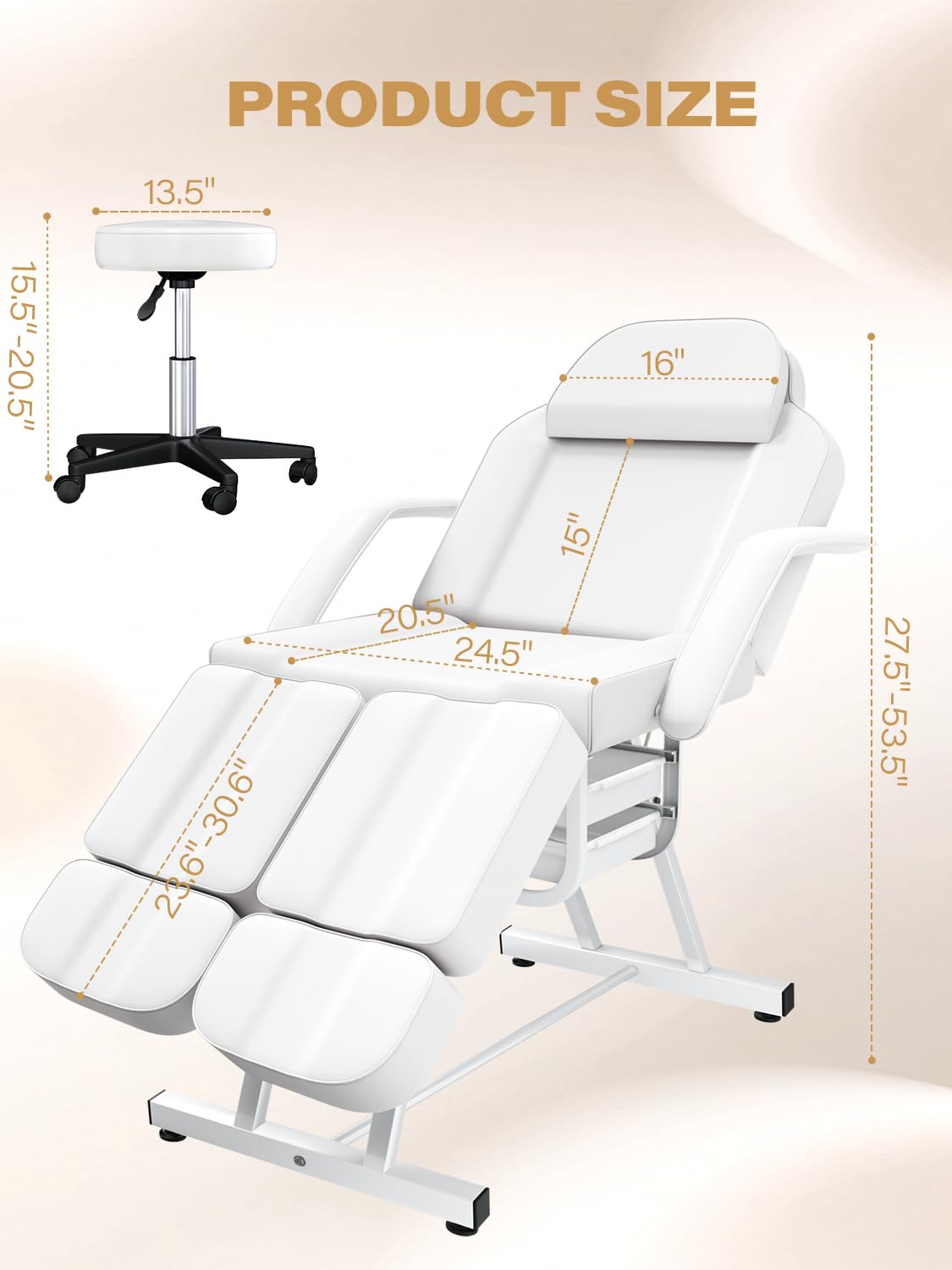 Facial Chair Tattoo Chair for Client, Facial Bed Esthetician Adjustable Massage Table with Headrest & 360° Rolling Stool, Split Legs Design, Lash Bed for Salon Spa Massage Equipment, Elegant White