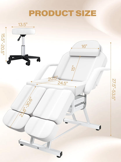 Facial Chair Tattoo Chair for Client, Facial Bed Esthetician Adjustable Massage Table with Headrest & 360° Rolling Stool, Split Legs Design, Lash Bed for Salon Spa Massage Equipment, Elegant White