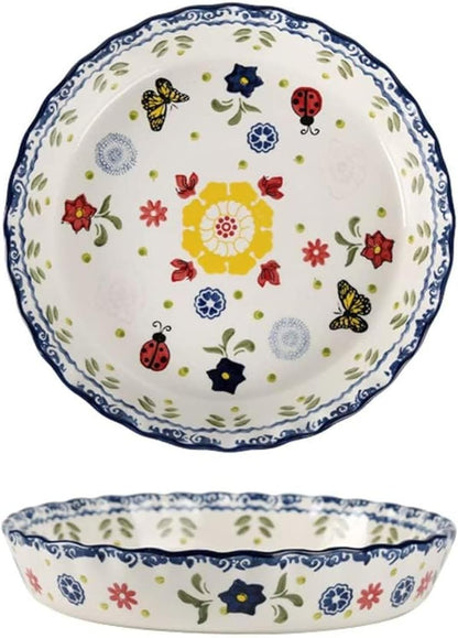 Skiennix Ceramic Pie Pan - 10 Inch Round Bakeware Dish with Butterfly Design