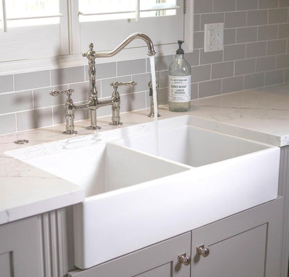 Sinkology Turner 33 Inch Fireclay Farmhouse Apron Front Double Bowl Kitchen Sink - White, Handcrafted with SureFire Chip-Resistant Glaze, Sinkology Everyday Warranty, 33 x 18 in, Fits 36" Cabinet