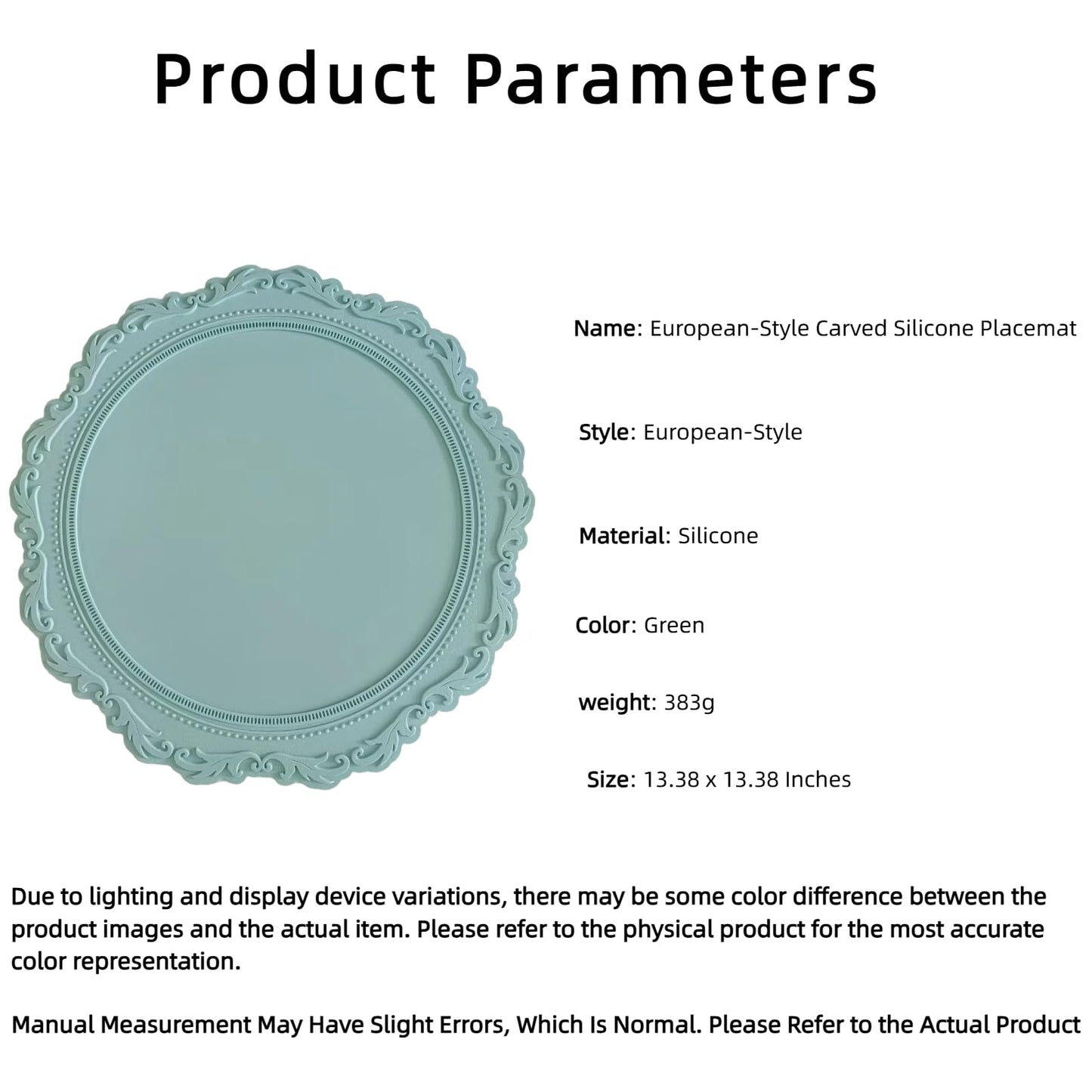 2 Pack Round Silicone Placemats Set, 13.38 Inch Diameter European Style Decorative Table Mats, Heat Resistant Waterproof Non-Slip Easy Clean Dish Mats for Dining Table & Kitchen Counter (Green)