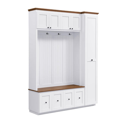Merax 78.7''H Hall Tree with Storage Bench, Modern Entryway Bench with Coat Rack, 5-in-1 Hall Tree with Cabinets, Drawers & Hooks for Hallway, Entryway, Living Room, Mudroom, White