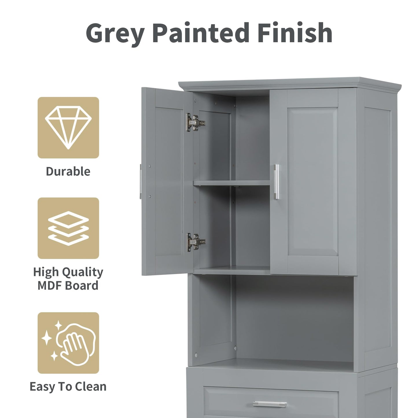 Storage Cabinet with Doors and Drawer, Multi-Functional Bathroom Storage Organizer with Laundry Hamper Basket and Open Shelf, Soft-Closing Door, Gray