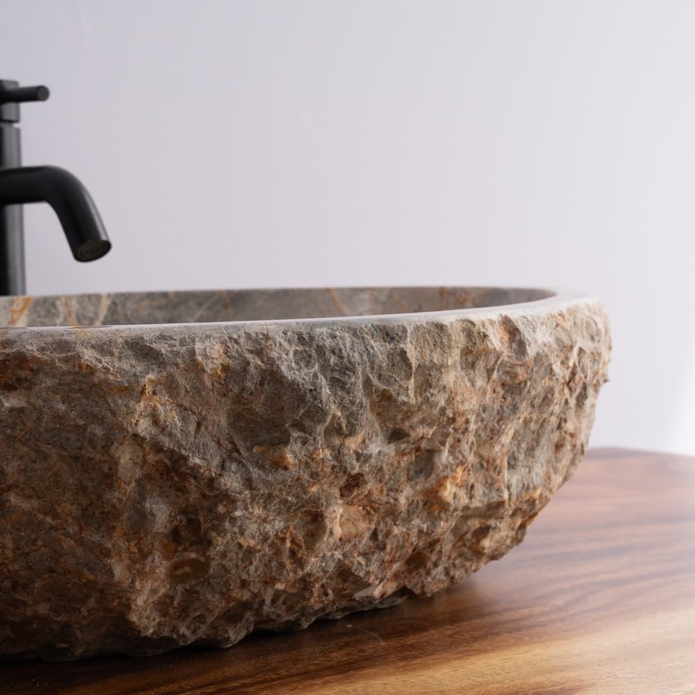 Organic Freeform Hand-Carved Marble Vessel Sink – Stone Vessel Sink with Chiseled Exterior & Natural Gold Veining – One-of-a-Kind Rustic Luxury Bathroom Sink