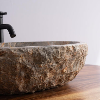 Organic Freeform Hand-Carved Marble Vessel Sink – Stone Vessel Sink with Chiseled Exterior & Natural Gold Veining – One-of-a-Kind Rustic Luxury Bathroom Sink
