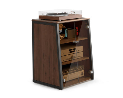 FITUEYES Design 4-Tier Media Stand with Brown Glass Doors Audio Rack with Adjustable Shelves Stereo Cabinet Protection Equipment for Vinyl Record Player Stereo Receivers Audio Gear, Eiffel Series