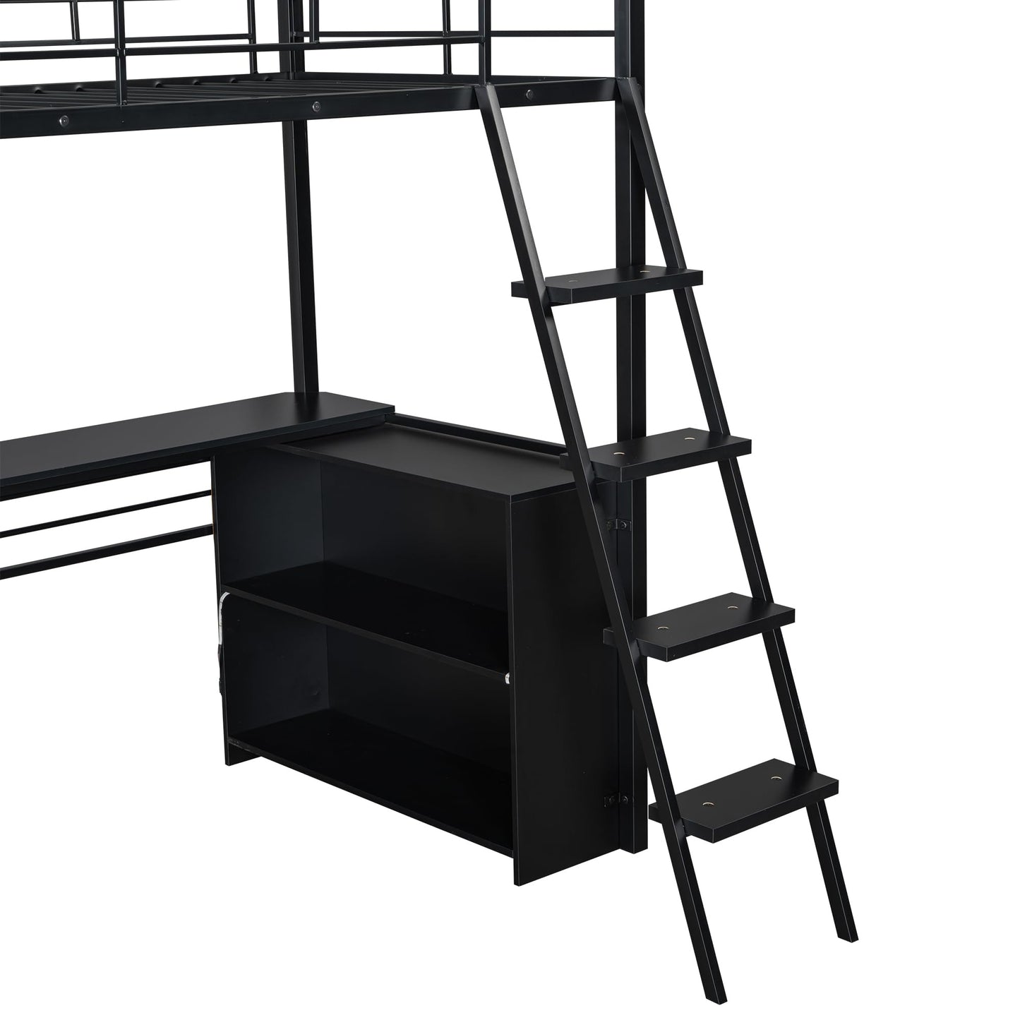 Metal Twin Size Loft Bed with Desk and LED Light,Heavy Duty Loft Bed Frame with Storage Shelves and Inclined Ladder for Kids,Adults,Twin Size,Black
