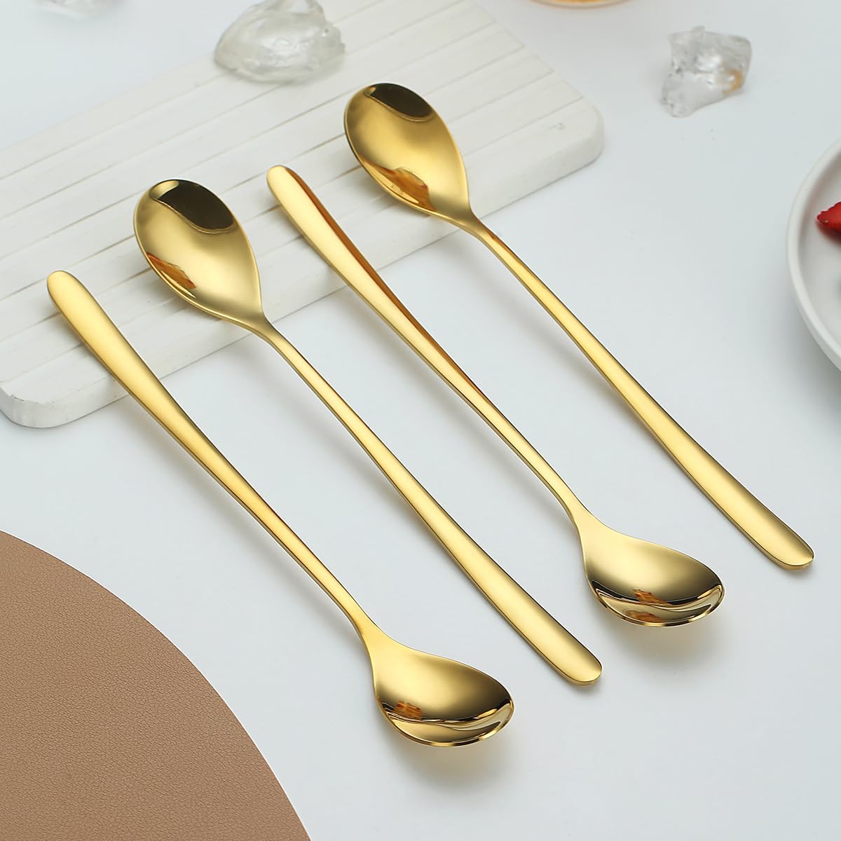 Gold Long Handle Iced Tea Spoons, Set of 12 Pieces, Titanium Plating Gold Stainless Steel Teaspoons, Dishwasher Safe