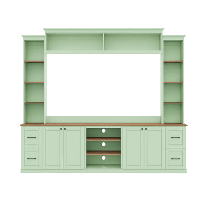 Ball & Cast 94.8" Entertainment Center Wall Unit with Bookshelf for TVs Up to 70",Farmhouse Large TV Stand with Walnut Adjustable Shelves,Retro Media Console with 4 Drawers for Living Room,Mint Green