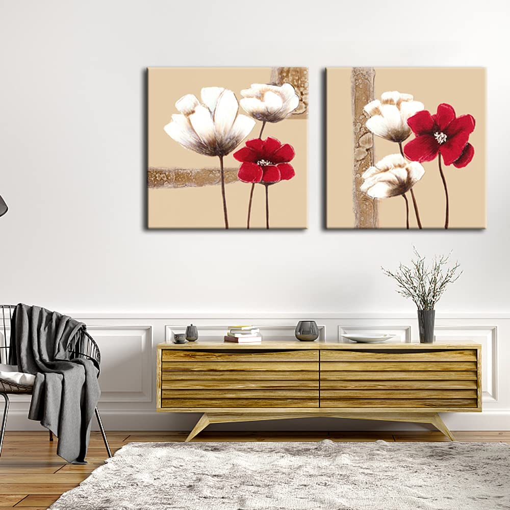 Wieco Art Red and White Flowers Canvas Prints Wall Art Abstract Floral Oil Paintings Style Pictures for Living Room Bedroom Bathroom Home Decorations 2 Piece Modern Stretched and Framed Grace Artwork