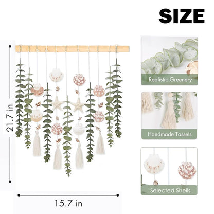 Artificial Eucalyptus Wall Hanging Decor, with Wooden Stick,Chic Boho Rustic Home wall Art Decor for Bathroom Bedroom Office Living Room (Artificial Eucalyptus Cream Tassels with Shells)