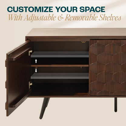 Bme Sideboard Georgina Solid Wood 2 Doors & 3 Drawers, 61'' Mid Century Modern Cabinet with Geometric Pattern for Kitchen, Dining, Living Room