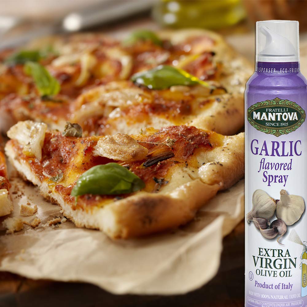 Mantova Extra Virgin Olive Oil Spray Garlic Flavored 8 oz. Spray Bottle - Manage Oil Amount - Great For Salads & Cooking