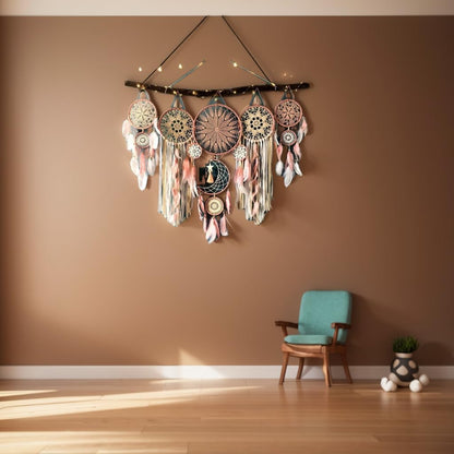 5 Pack Moon Phase Dreamcatcher Set Boho Wall Decor, Boho Macrame Wall Hanging Dream Catchers, for Home, Bedroom, Living Room, Witchy Gifts (Camel)