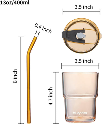 13oz/400ml (Amber-2PACK) BLUEPOLAR Glass Water Tumbler with Straw and Lid Sealed Carry On Thick Wall Iced Coffee Cup
