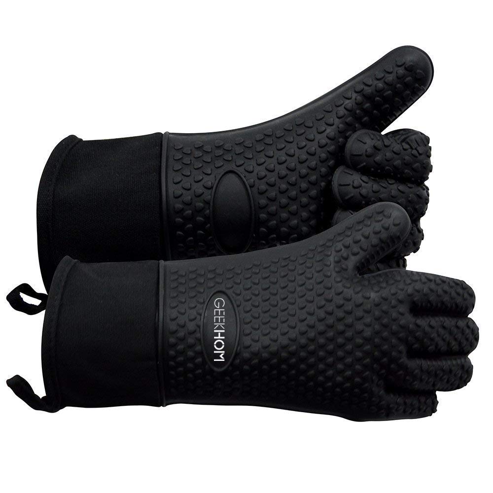GEEKHOM BBQ Gloves, Grilling Gloves Heat Resistant Oven Gloves, Kitchen Silicone Oven Mitts, Long Waterproof Non-Slip Pot Holder for Barbecue, Cooking, Baking, Black