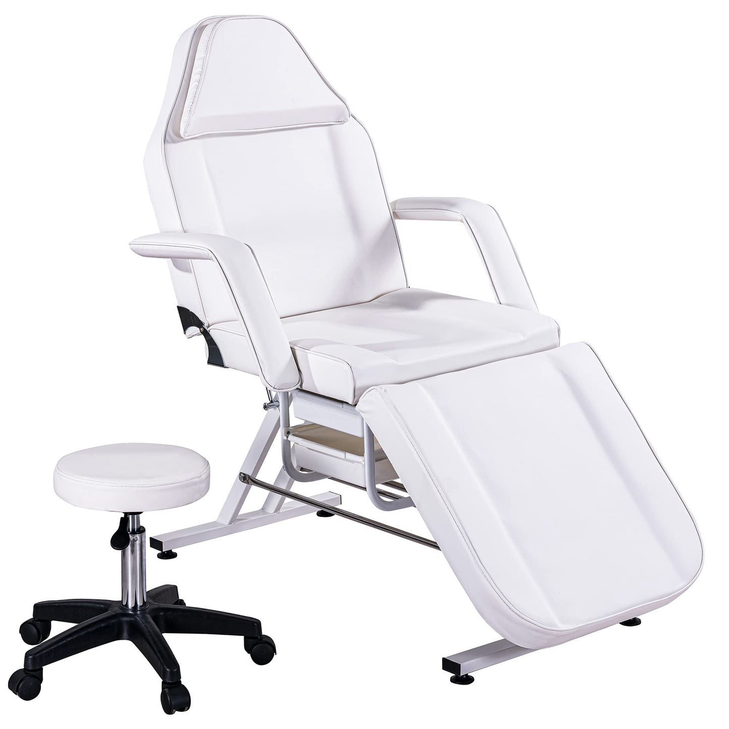 Amacv Massage Salon Tattoo Chair with Two Trays Esthetician Bed with Hydraulic Stool,Multi-Purpose 3-Section Facial Bed Table, Adjustable Beauty Barber Spa Beauty Equipment, White