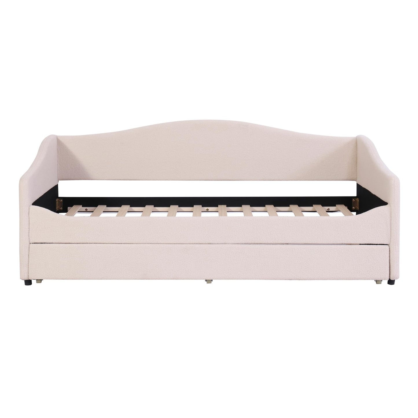Merax Twin Size Upholstered Daybed with Light and Trundle, Beige Teddy Fleece Sofa Bed Modern Wooden Platform Bed Frame for Bedroom, Living Room, Guest Room, Apartment