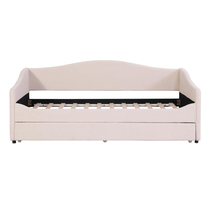 Merax Twin Size Upholstered Daybed with Light and Trundle, Beige Teddy Fleece Sofa Bed Modern Wooden Platform Bed Frame for Bedroom, Living Room, Guest Room, Apartment