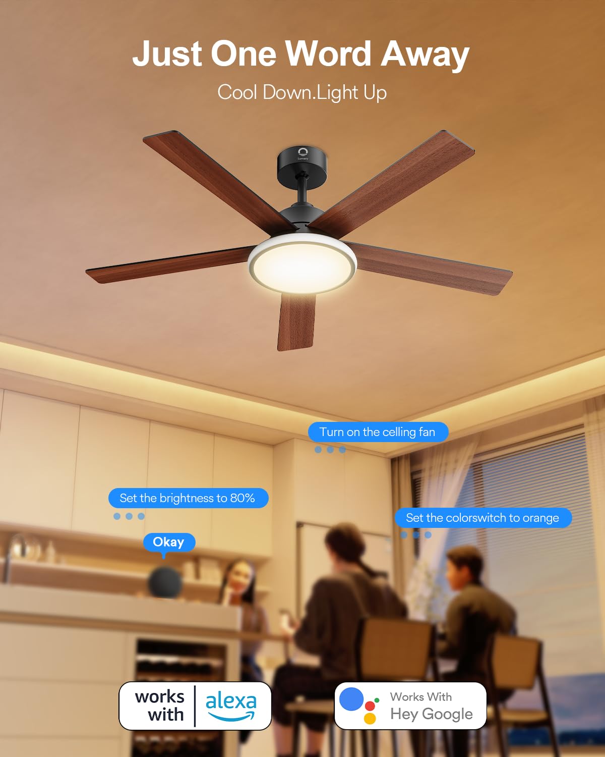 Lumary 52'' Smart Ceiling Fan with RGBAI Lights Remote, WiFi Bluetooth Low Profile Ceiling Fan with Alexa Google App, Dimmable & Color Tuning, 46 Scene, Modern Flush Mount for Bedroom Living Room