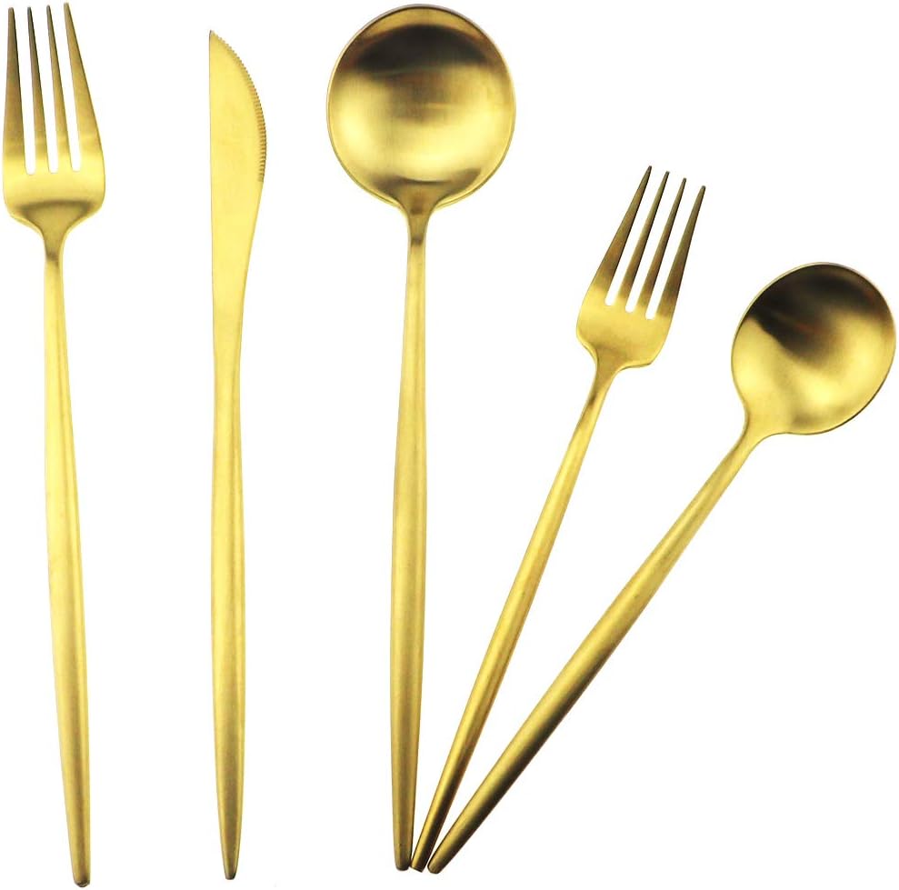 Gugrida Matte Gold 5-Piece Silverware Set, 18/10 Stainless Steel Satin Finish Kitchen Utensil Set, Dishwasher Safe
